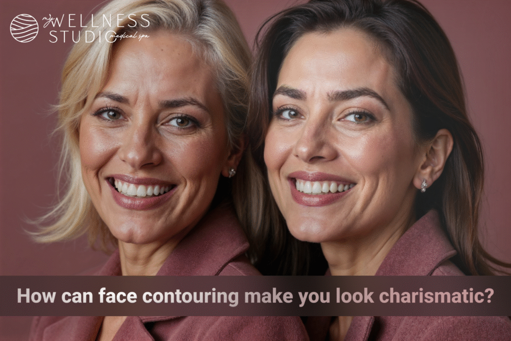 Woman with defined cheekbones and jawline after face contouring treatment, smiling confidently.
