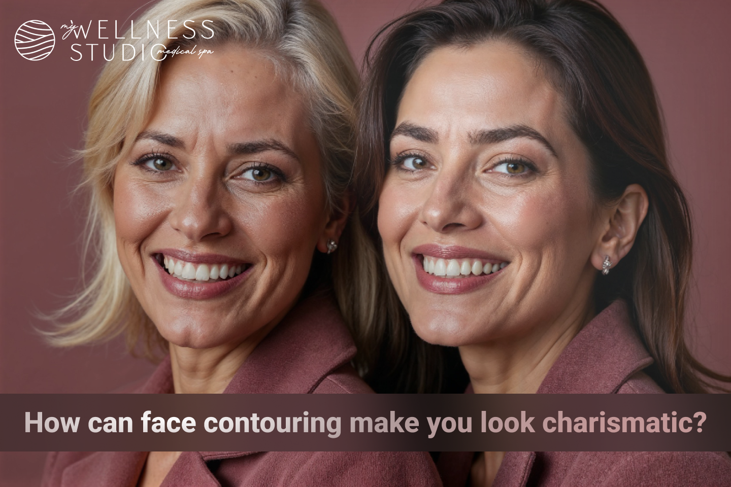 Woman with defined cheekbones and jawline after face contouring treatment, smiling confidently.